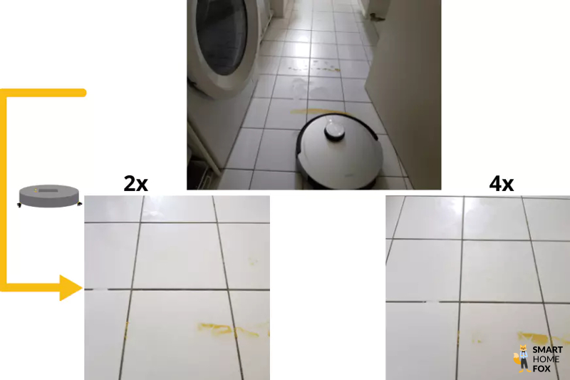 The mopping test result of the Ecovacs Deebot X1 OMNI on the tiled floor is clearly displayed.
